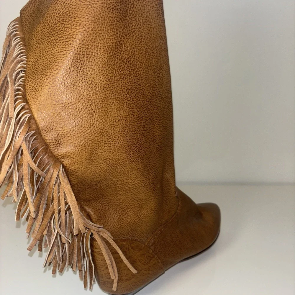 Zodiac USA Vintage Brown Leather Fringe Tall Western Boots Womens 7 M 01617